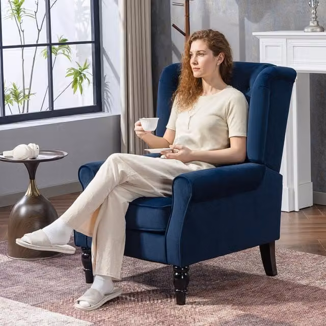 HOMCOM Retro Blue Fabric Wingback Accent Chair with Solid Wood Frame