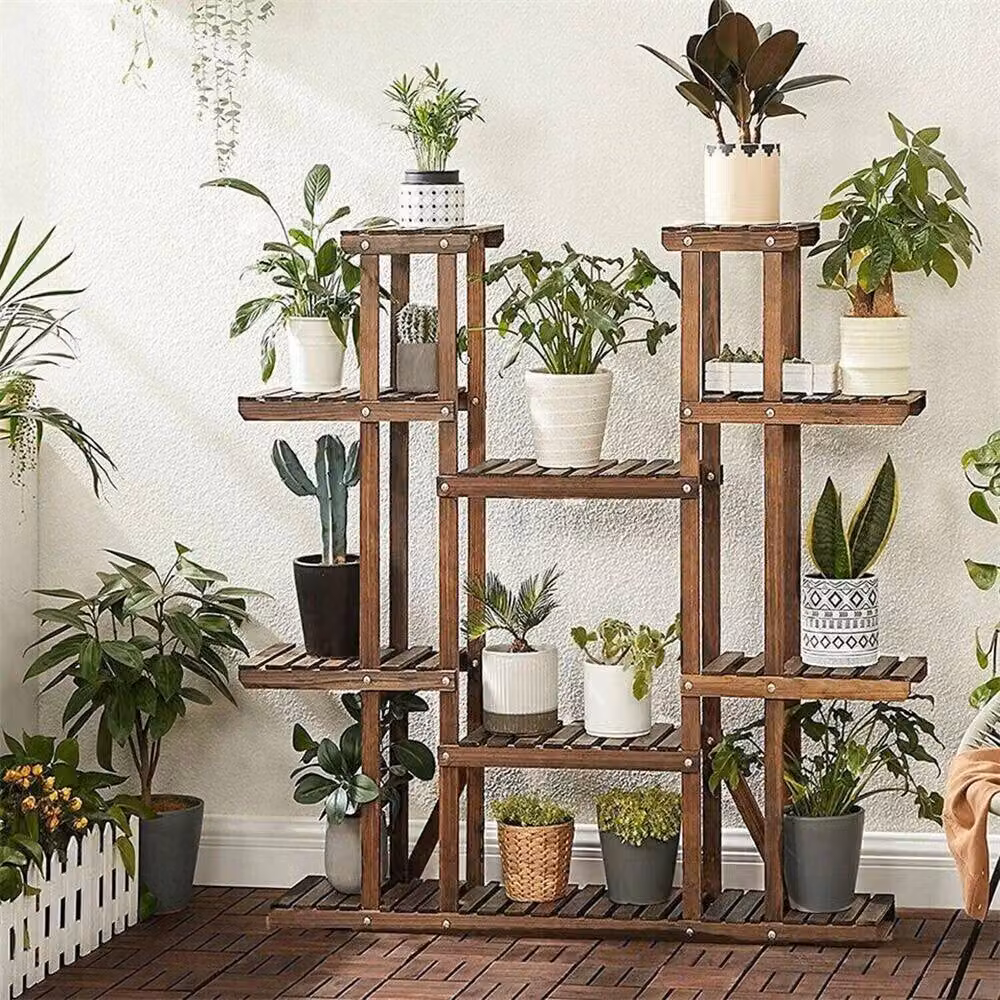 NESTLUNE 11-Tier Large Wooden Plant Stand and Flower Holder Shelf in Brown, W/D/H: 100 x 15 x 116 cm – 4