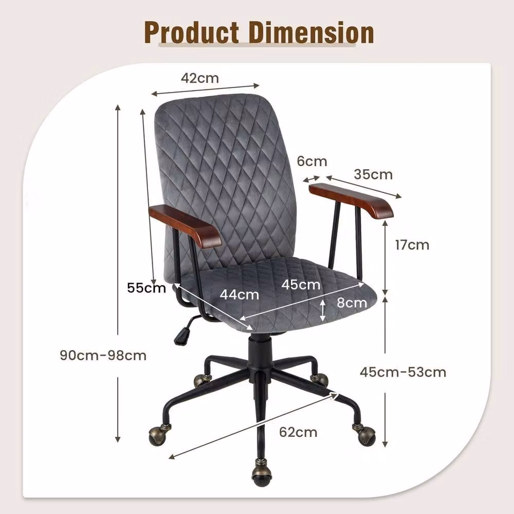 Havendro Grey Velvet Ergonomic Mid Back Office Chair with Rubberwood Armrests – 2