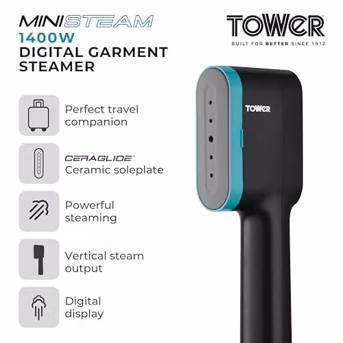 Tower Ceraglide Handheld Garment Steamer with Ceramic Soleplate and Brush Attachment, 1400W, Petrol and Black – 2