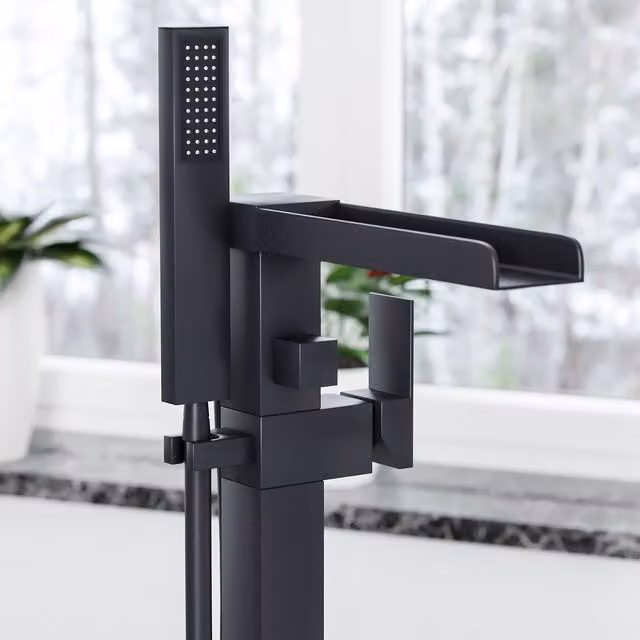 Nes Home Laura Matte Black Freestanding Waterfall Bath and Shower Mixer Tap with Swivel Spout – 1