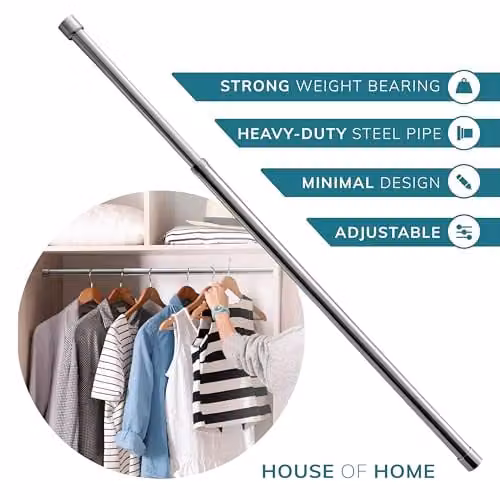House of Home Extendable Silver Metal Wardrobe Rail with Pole and Fittings, Adjustable 60-103cm – 3