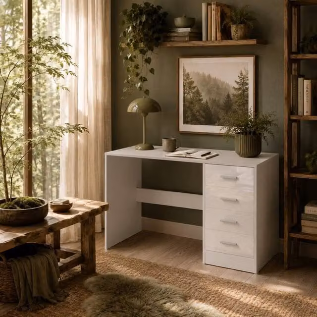 Wyld Haus Reka Modern Glossy White Writing Desk with Dual Pedestal Drawers, H: 98 cm, W: 120 cm, D: 60 cm – 1