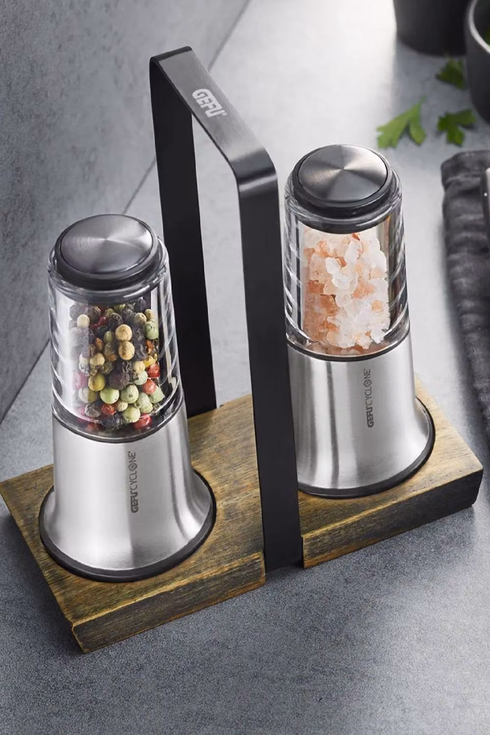 Gefu X-Plosion Premium Salt and Pepper Set with Stainless Steel and Wood Stand in Silver and Transparent – 2