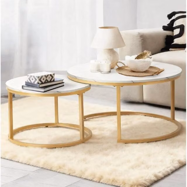 EONLION Set of 2 Round White Marble and Metal Stacking Coffee Tables, W/D/H: 100 x 100 x 70 cm and 70 x 70 x 45 cm – 1