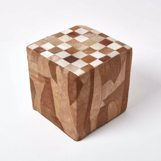 Homescapes Brown Patchwork Check Cube Pouffe in Leather and Suede