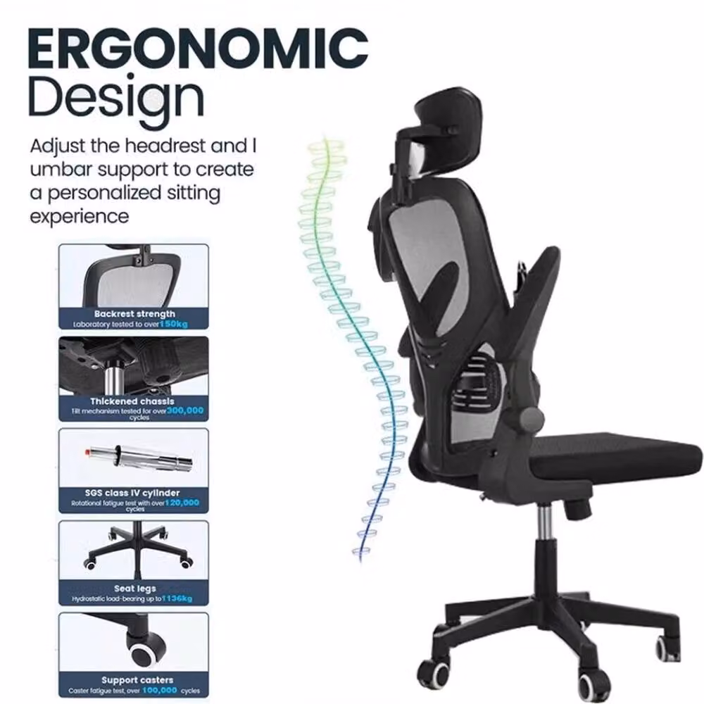 Nordara Ergonomic Mesh Office Chair in Black with Headrest and Armrests – 4