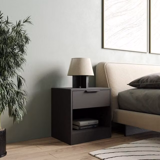 URBNLIVING Black Wooden Bedside Cabinet with Shelf and Minimalist Design