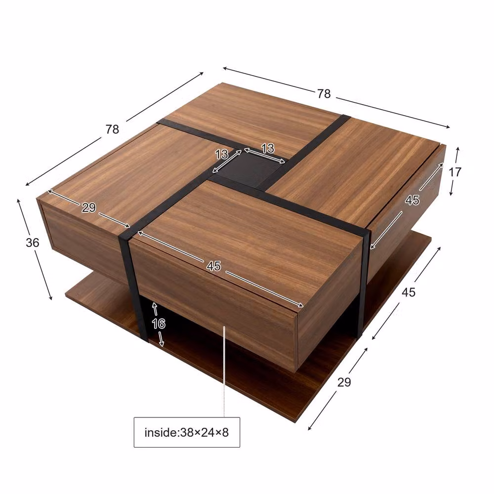 ModernLuxe Modern Square Coffee Table with 4 Drawers and Bottom Storage in Brown – 2