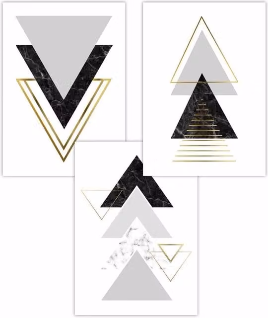 ARTZE Set of 3 Modern Geometric Triangle Abstract Wall Posters in Black and Grey, W: 50 cm, H: 70 cm