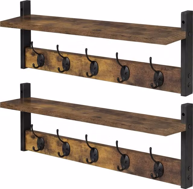 Levede 2 Pack Brown Wooden Wall Mounted Coat Rack with Storage Shelf and Metal Hooks