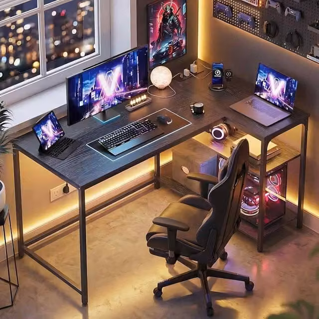 The Bazaarist L-Shaped Corner Computer Desk with Power Outlets in Jet Black – 1