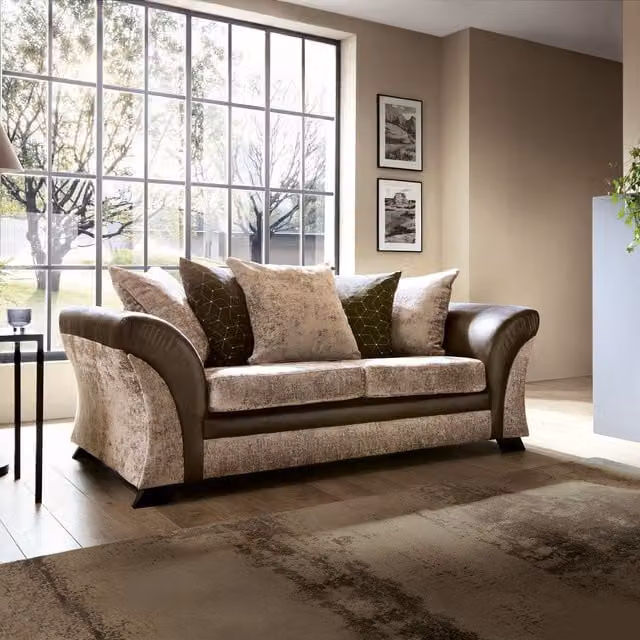 Abakus Direct Farrow 3 Seater Chenille Fabric Sofa in Brown and Beige – 1