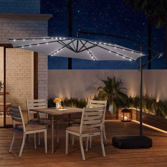 Livingandhome Cantilever Garden Parasol with Lights and Base, Grey