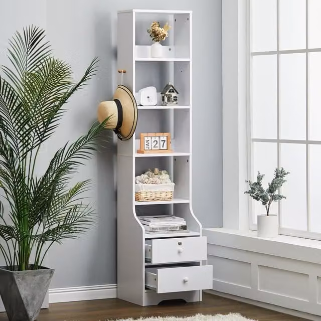 Livingandhome Narrow White Bedside Table with Compartments and Drawers