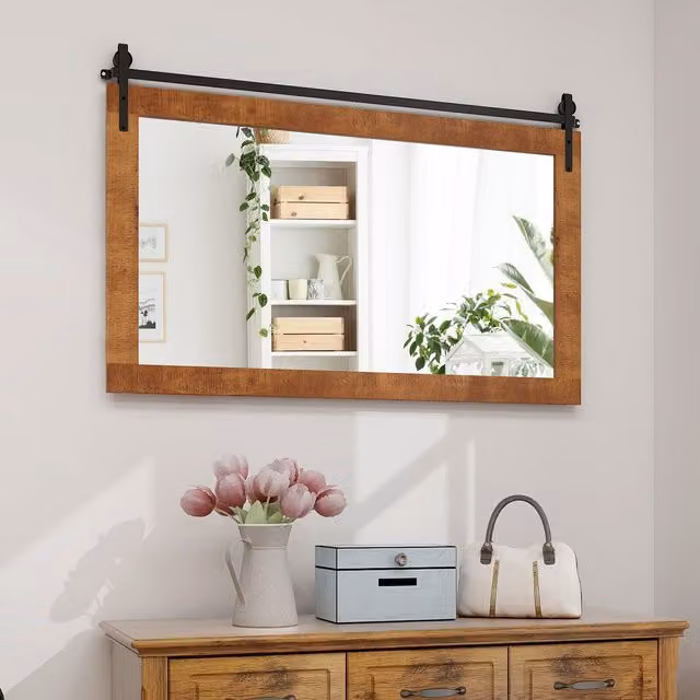 Costway Farmhouse Wall Mounted Rectangular Bathroom Mirror with Brown Wood Frame