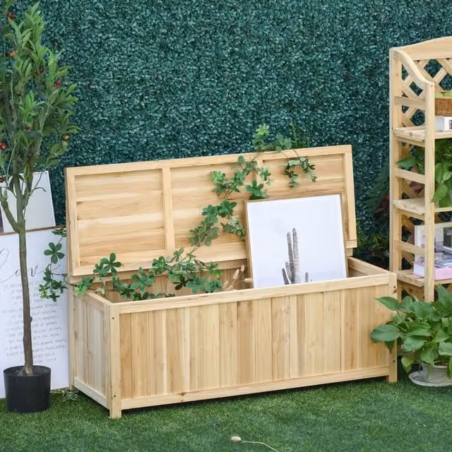 OUTSUNNY Rustic Lacquered Wood Storage Bench for Outdoor Garden Seating in Brown and Beige