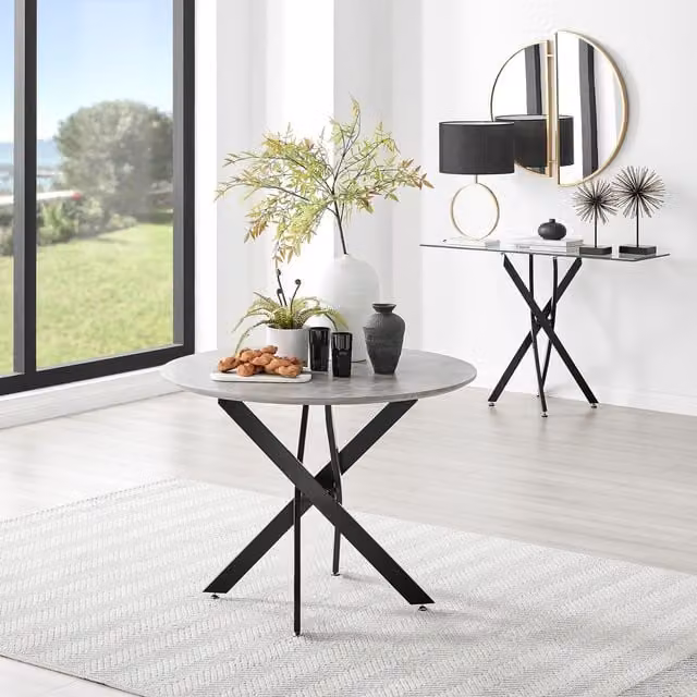 FurnitureboxUK Novara Round 4-Seater Dining Table with Black Metal Legs in Grey, Diameter: 100 cm – 1