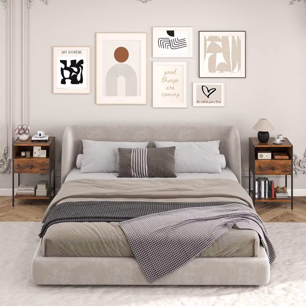 Gymax Industrial Nightstand End Table with Open Compartment Drawer and Shelf in Brown – 5