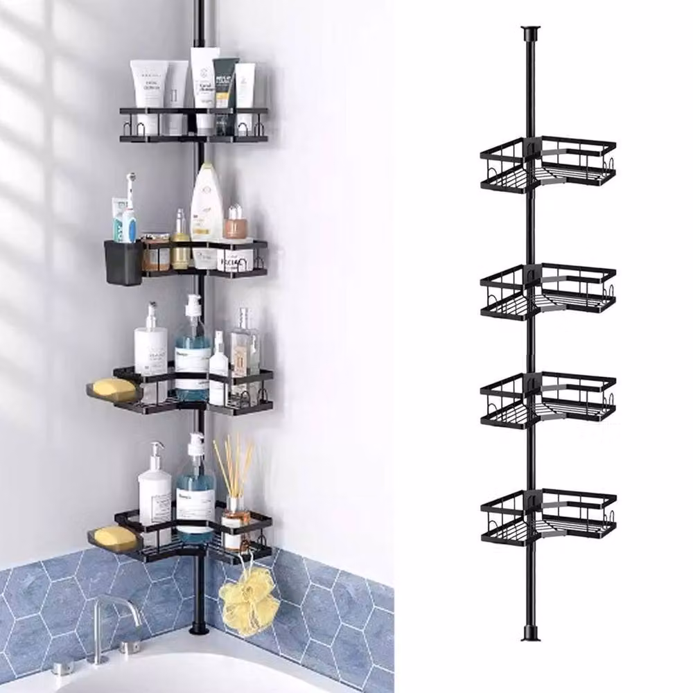 FLAVORA 4 Tier Telescopic Black Metal Corner Shower Shelf with Adjustable Shelves – 5