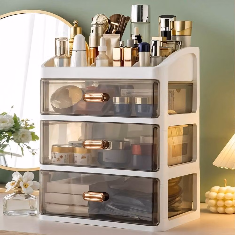 FORGEVIO 3 Tier Makeup Storage Box in White and Transparent Plastic, W: 50.0 cm, H: 27.5 cm – 2