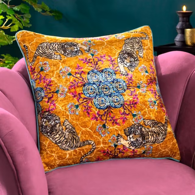 Terrys Floral and Animal Print Velvet Square Cushion in Multicolour and Gold, W/D/H: 50 x 50 x 50 cm – 2