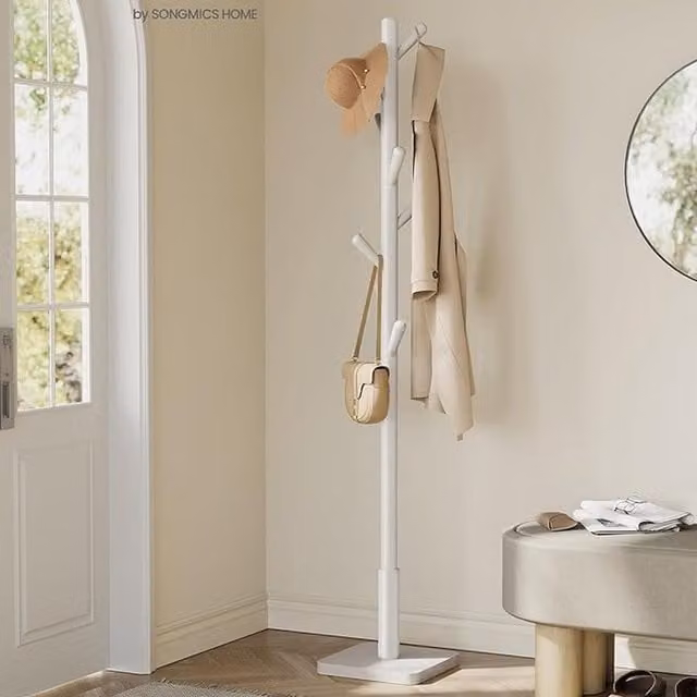 VASAGLE White Wooden Coat Rack with 8 Hooks
