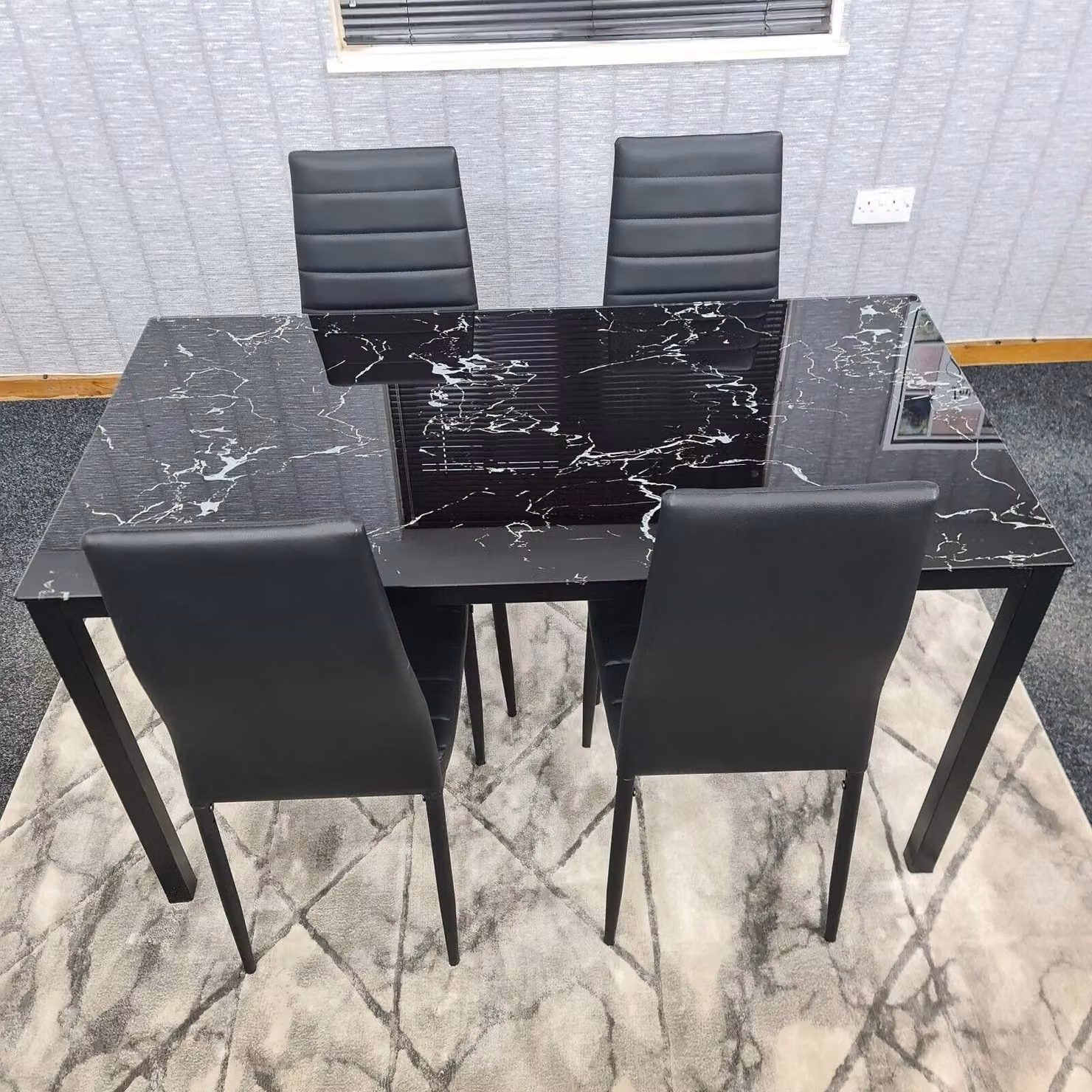 Kosy Koala Modern Dining Set with Black Marble Effect Glass Table and 4 Black Leather Chairs in Brown – 5