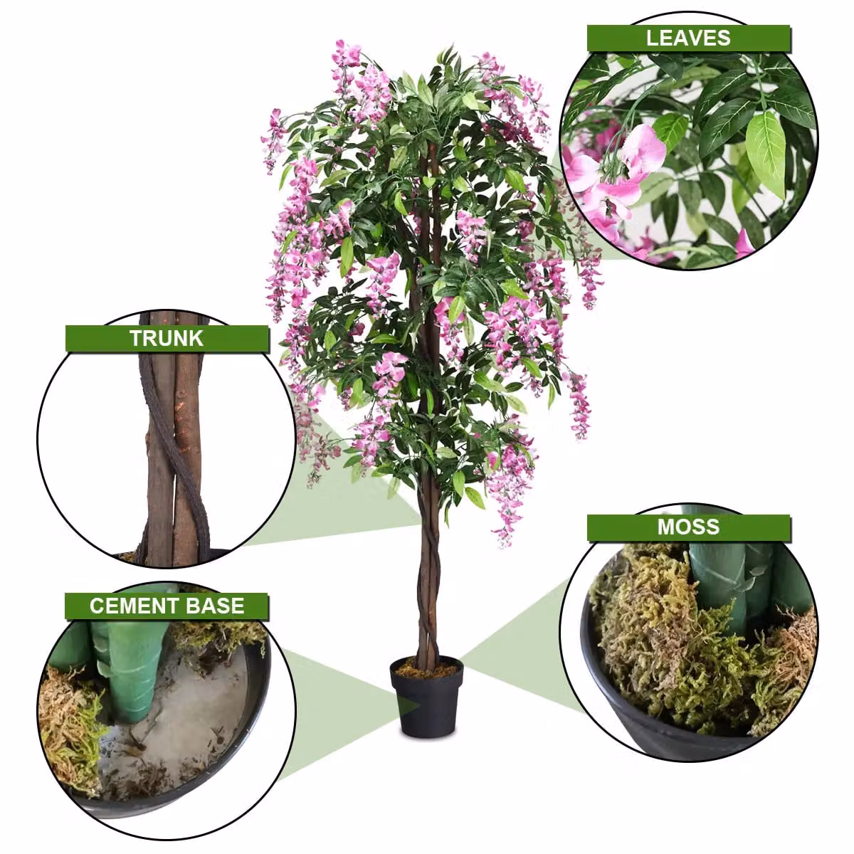 Gymax 180 cm Artificial Ficus and Wisteria Tree with Nursery Pot in Green and Pink – 5