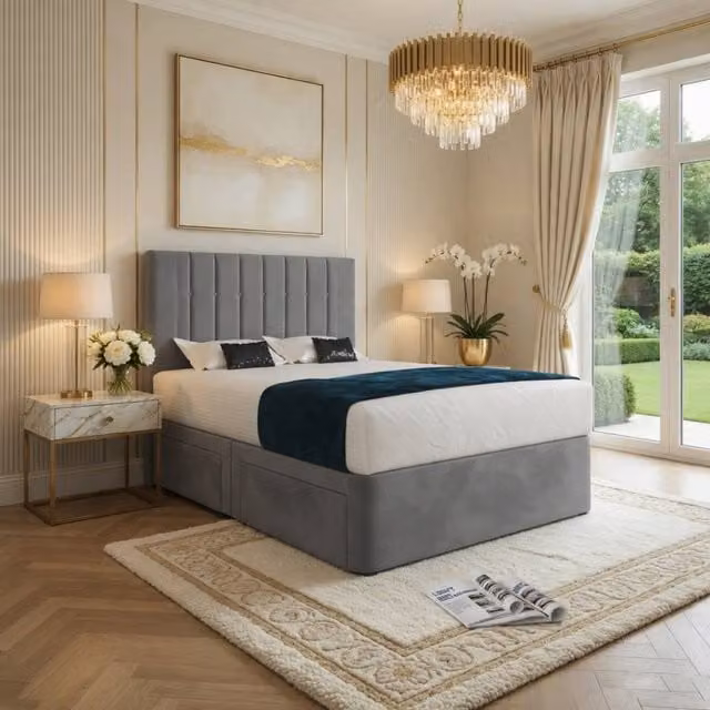 KDMD Radstock Modern Grey Velvet Upholstered Bed Frame with Drawers, W/D/H: 120 x 200 cm