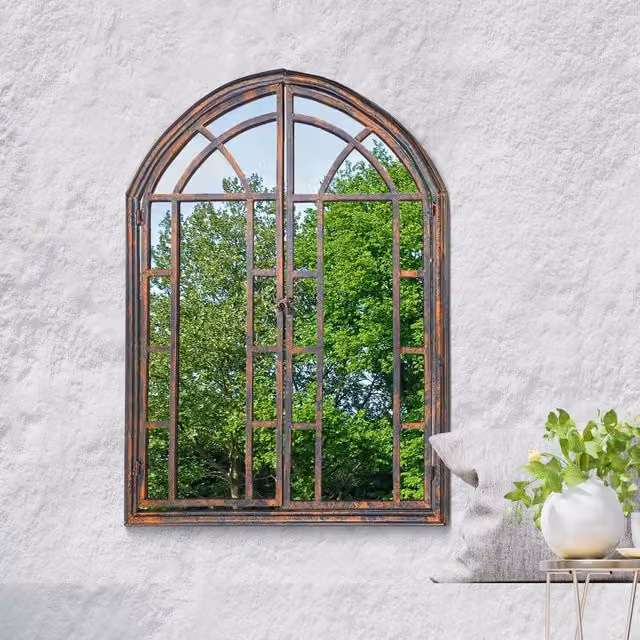 MirrorOutlet Kirkby Bronze Metal Arch Window Opening Garden Mirror