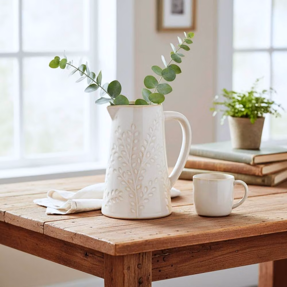 Four Candle Small Natural Ceramic Olive Branch Jug in White and Beige, Height: 13 cm – 2