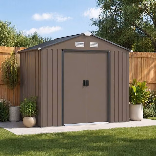 STILVORA Steel Garden Shed with Double Sliding Doors in Brown, W/D/H: 185 x 120 x 96 cm
