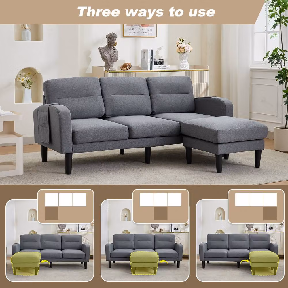 ModernLuxe 3 Seater Reversible L Shaped Fabric Sofa with Chaise Lounge and Storage Pockets in Grey – 2