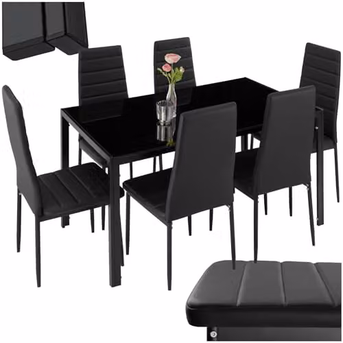 tectake Modern Dining Table Set with 6 Black Faux Leather Chairs and Glass Top – 1