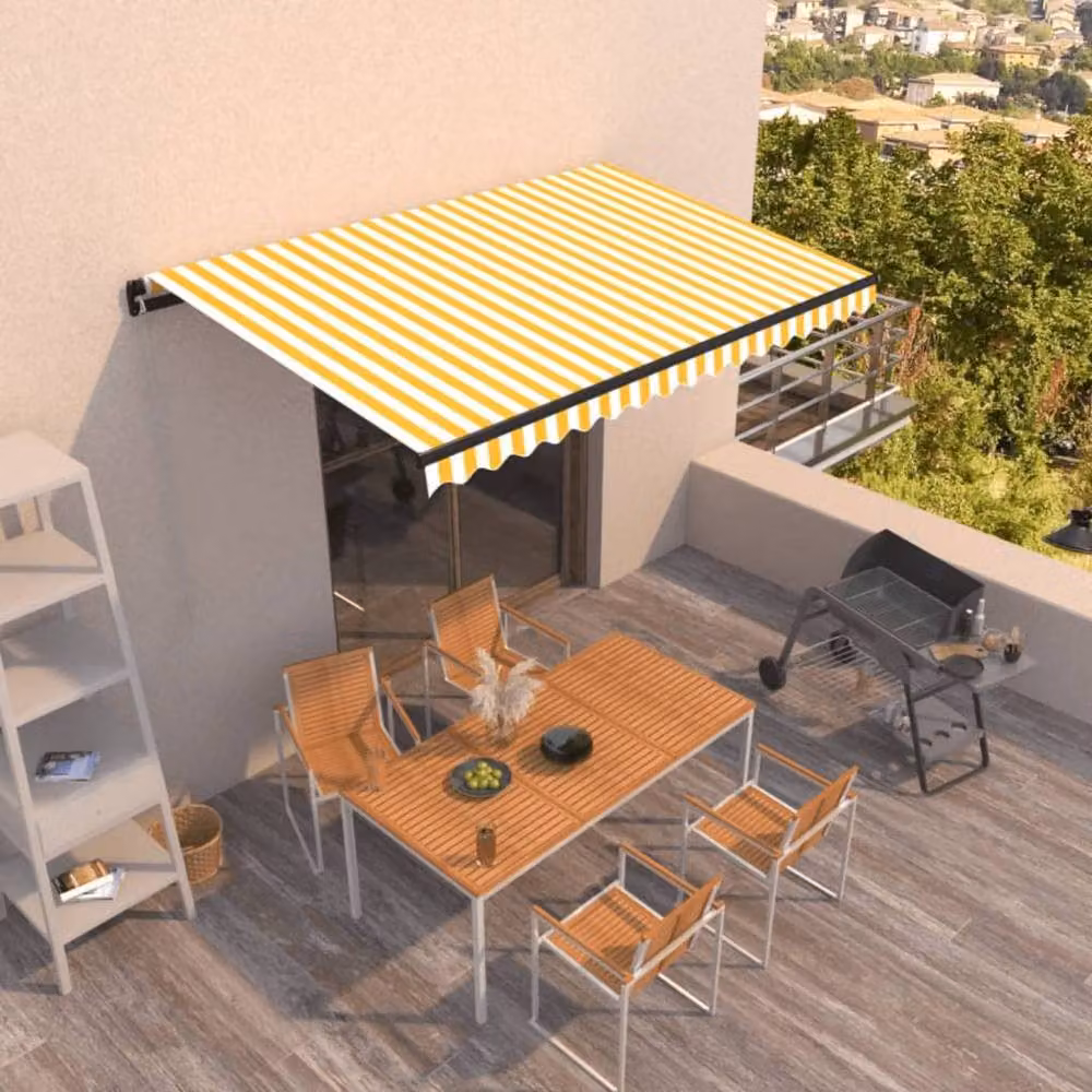 Berkfield Home Manual Retractable Folding Arm Awning, Yellow and White Striped, W: 450 cm, D: 350 cm – 2
