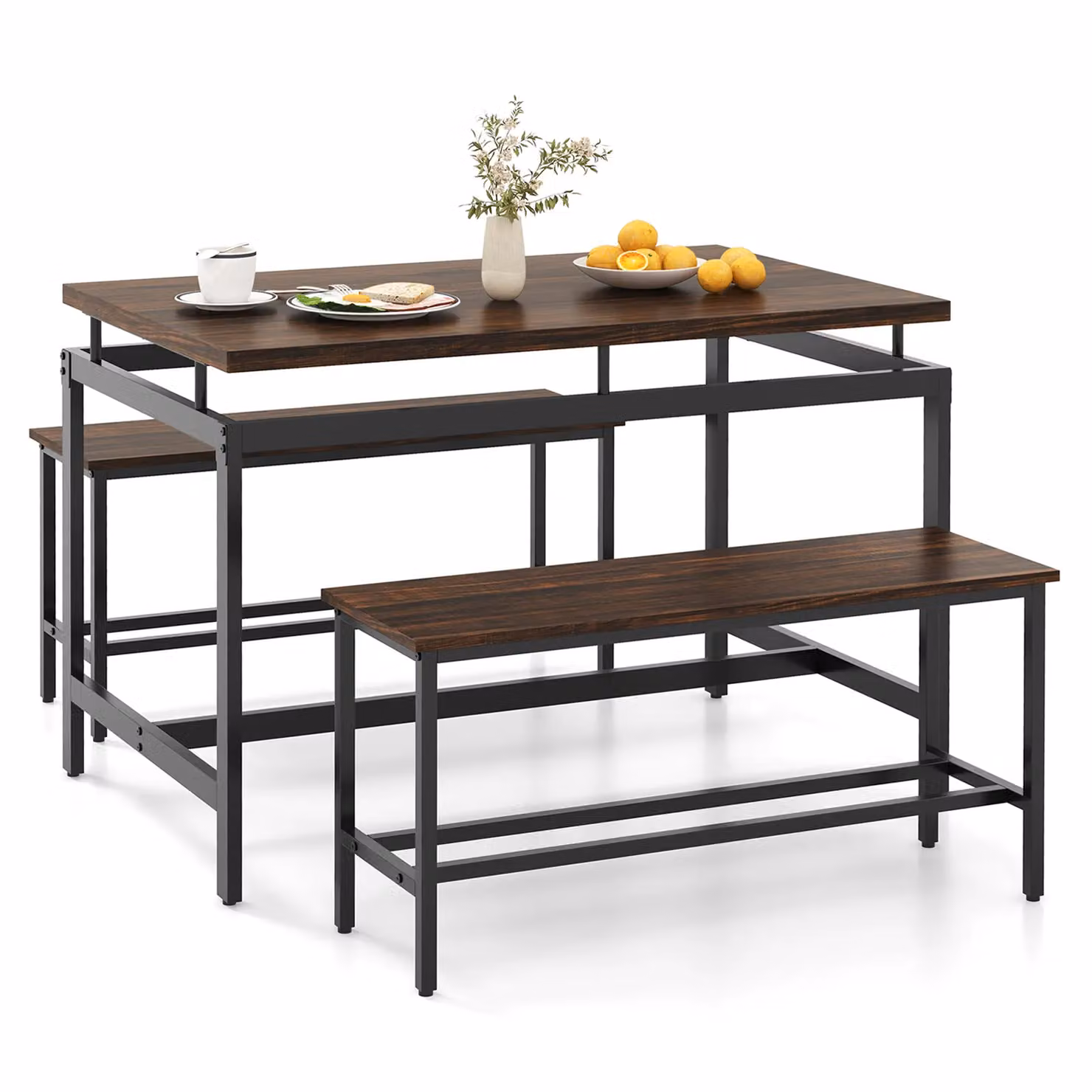 Costway 3 Piece Wooden Kitchen Dining Table Set with 2 Benches in Brown and Black – 2