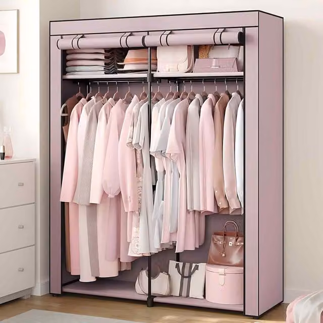 The Bazaarist Portable Fabric Wardrobe with 2 Hanging Rails and Internal Shelves, Lavender Purple