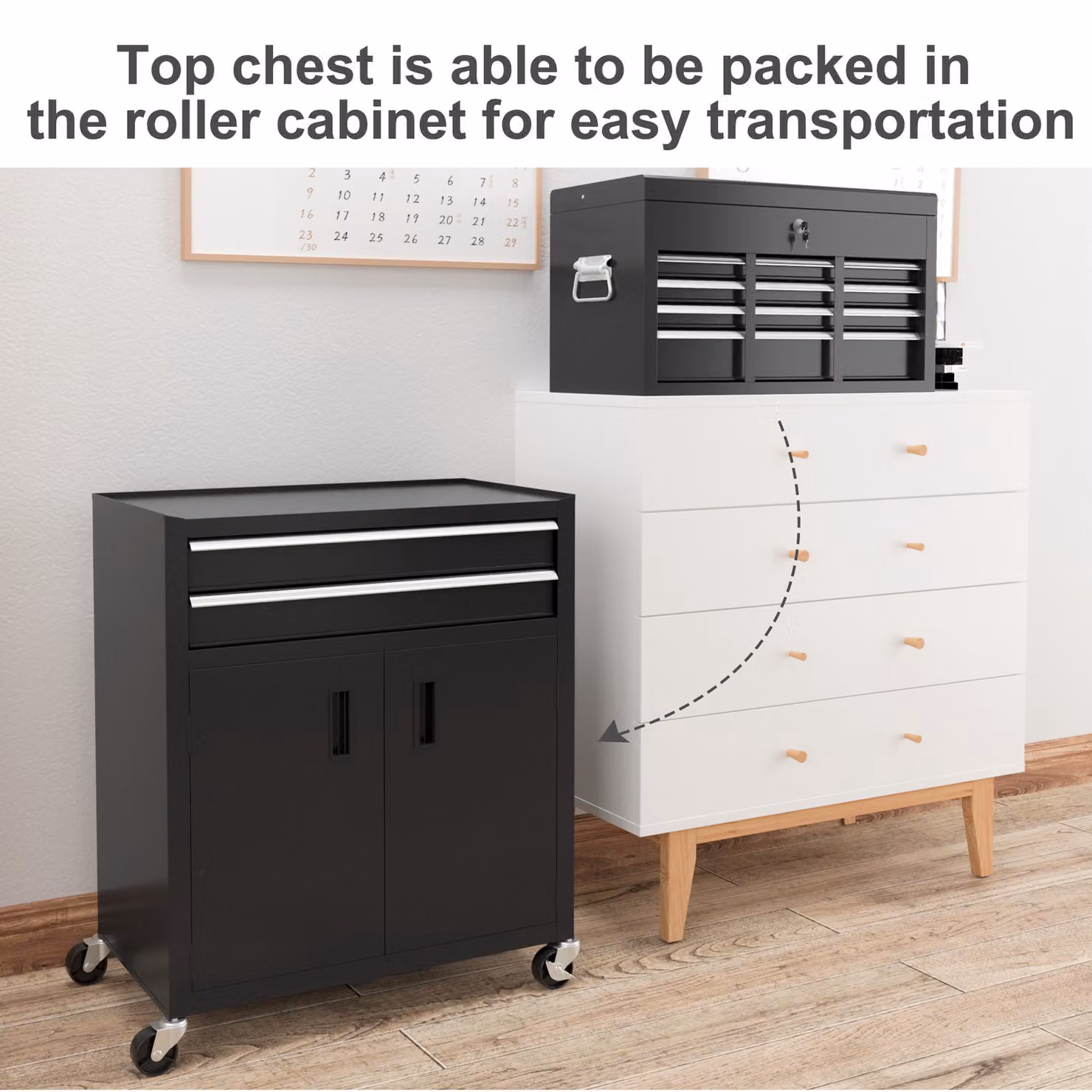 HOMCOM Portable Metal Tool Storage Box with 6 Drawers and 1 Bottom Cabinet, Lockable Rolling Tool Chest, Black – 7