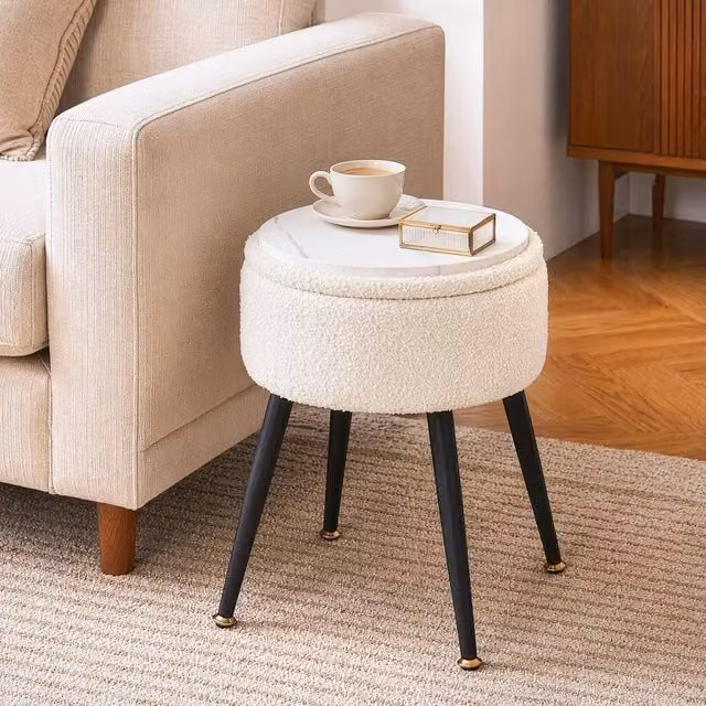 EONLION White Bouclé Round Dressing Table Stool with Metal Frame
