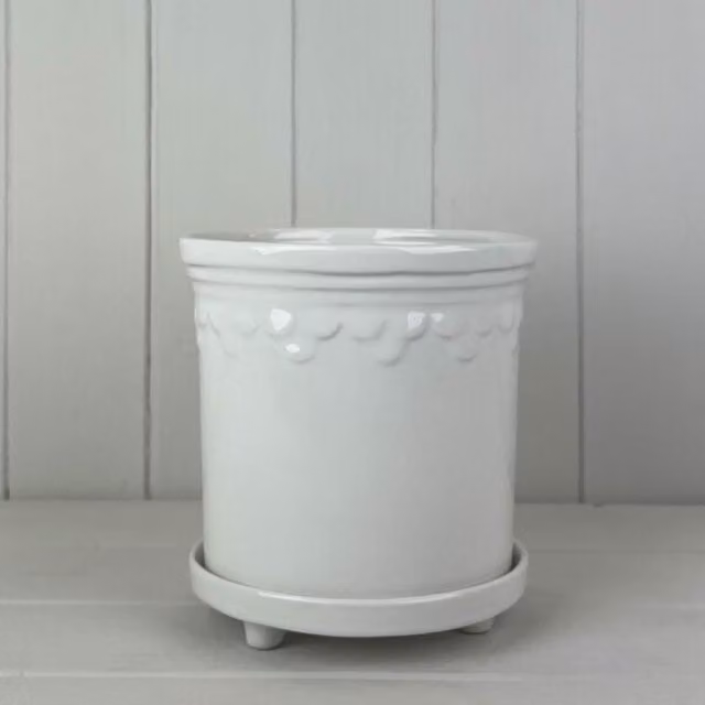 KDMD Classic Round Ceramic Tabletop Plant Pot with Saucer in White