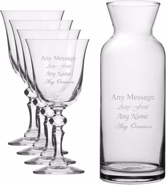 Uniqueful Personalised Set of 4 Lead-Free Crystal Jasmine Wine Glasses and Village Carafe in Clear