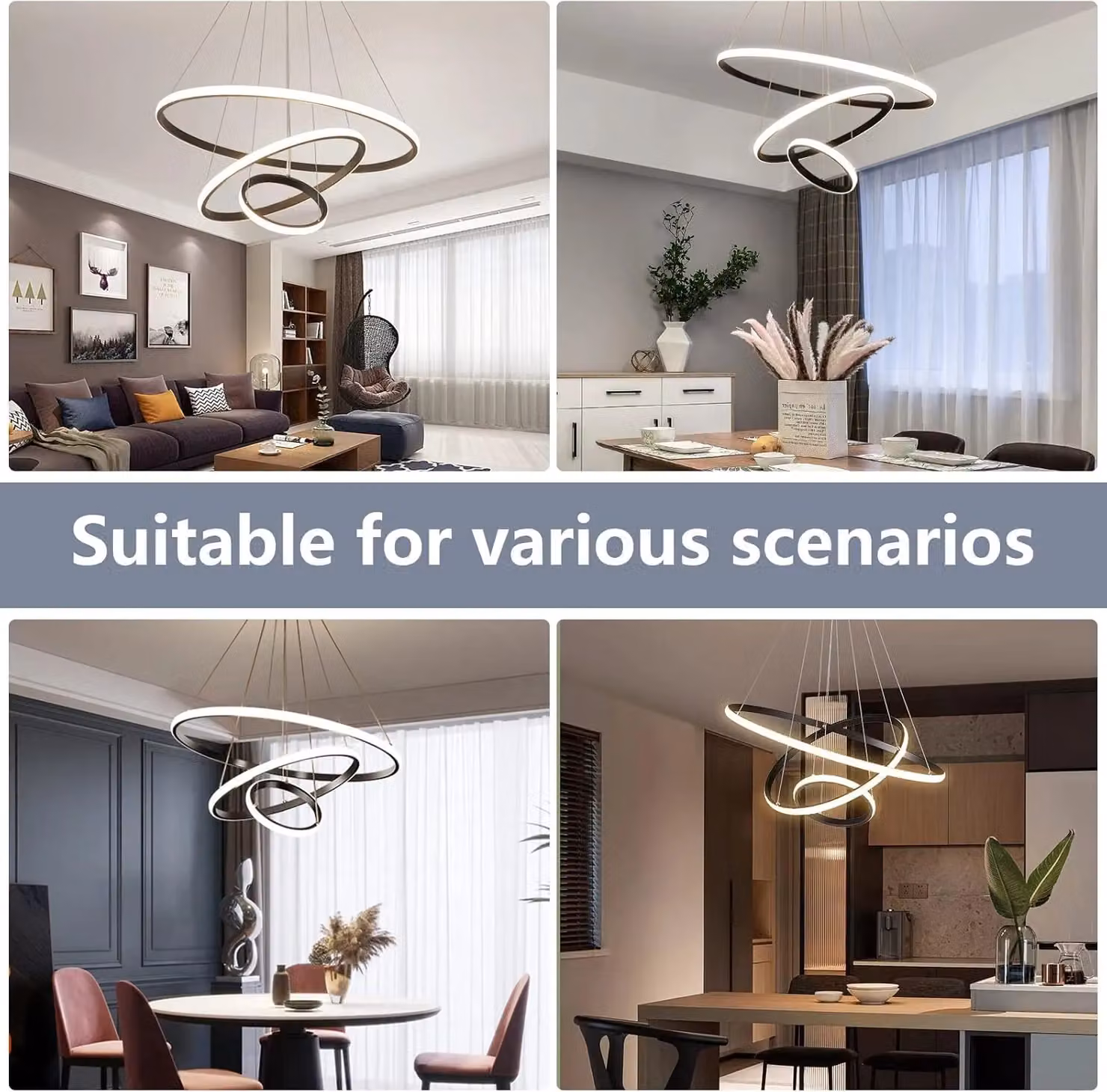 COMELY Modern 3 Ring LED Pendant Ceiling Light, Adjustable Black Metal Chandelier – 5