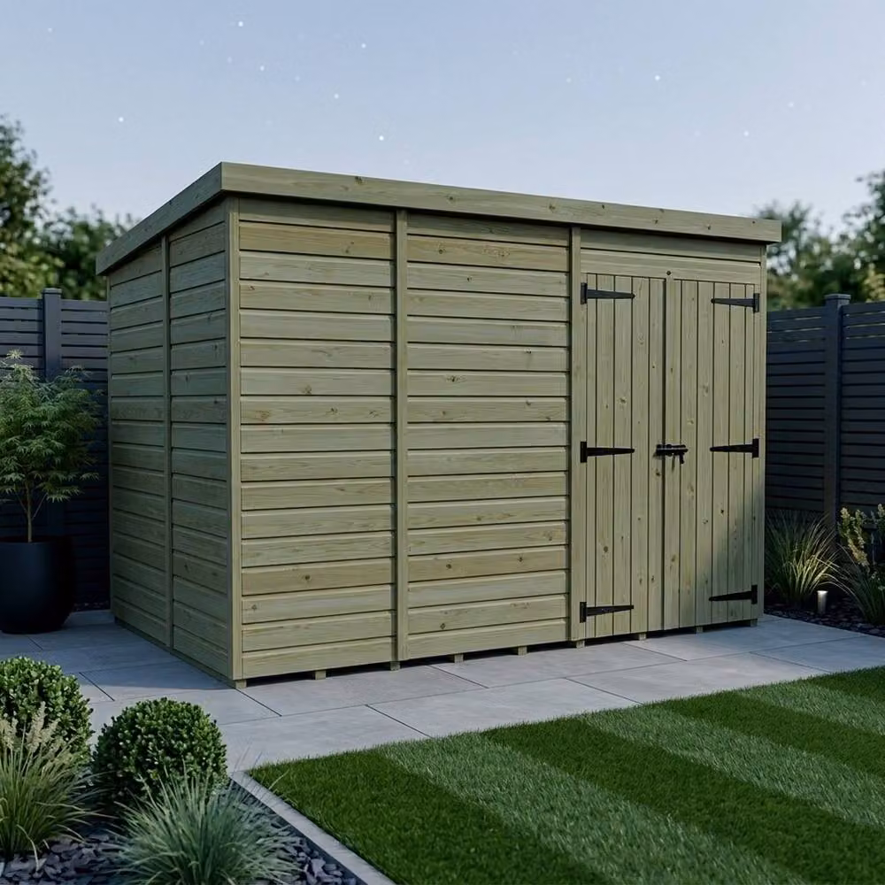 Buttercup Farm Pent Garden Shed in Brown Timber with Double Doors and No Windows W/D/H: 305 x 305 x 210 cm – 2