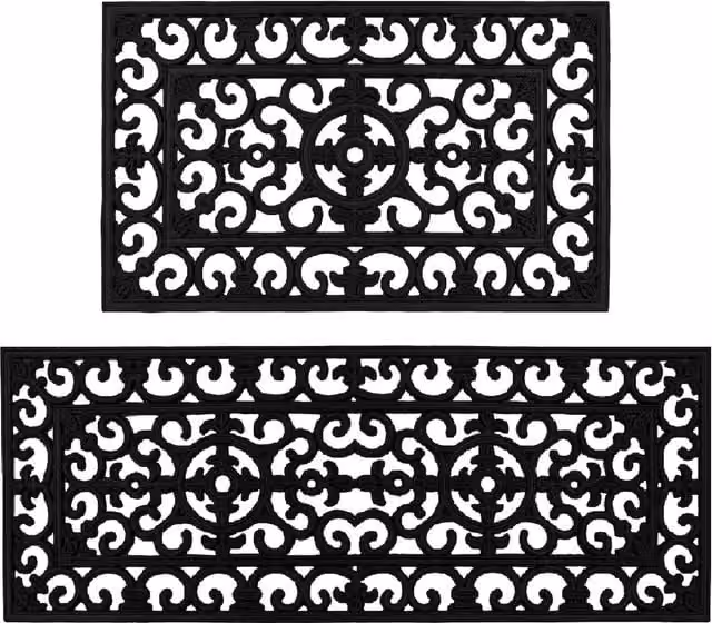 JVL Lexi Black Rubber Mat and Runner Set with Non-Slip and Weatherproof Graphic Design