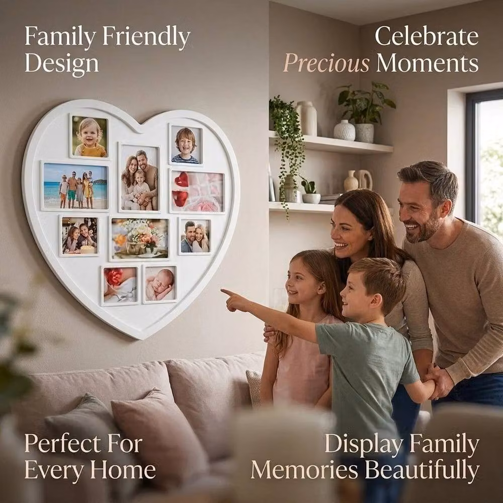 FLAVORA 10-Piece Heart Shaped Hanging Wall Multi White Picture Frames – 3