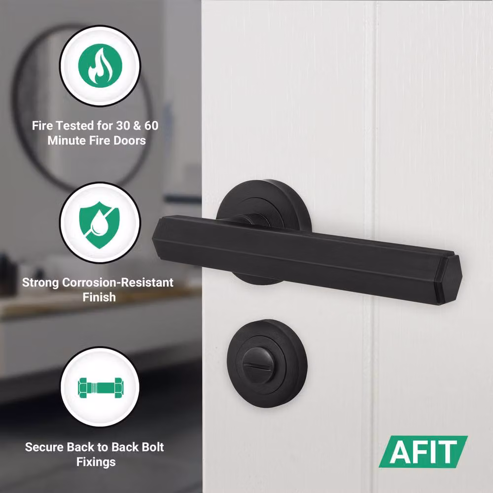 AFIT Matt Black Aluminium Fire Door Handle and Bathroom Lock Set with Hinges – 2