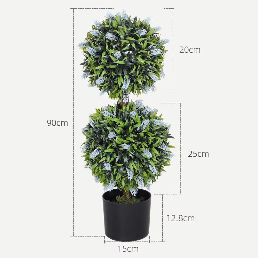 Wyld Haus Set of 2 Blue and Green Artificial Lavender Ball Topiary Trees in Metal Pots, Height: 70 cm – 3