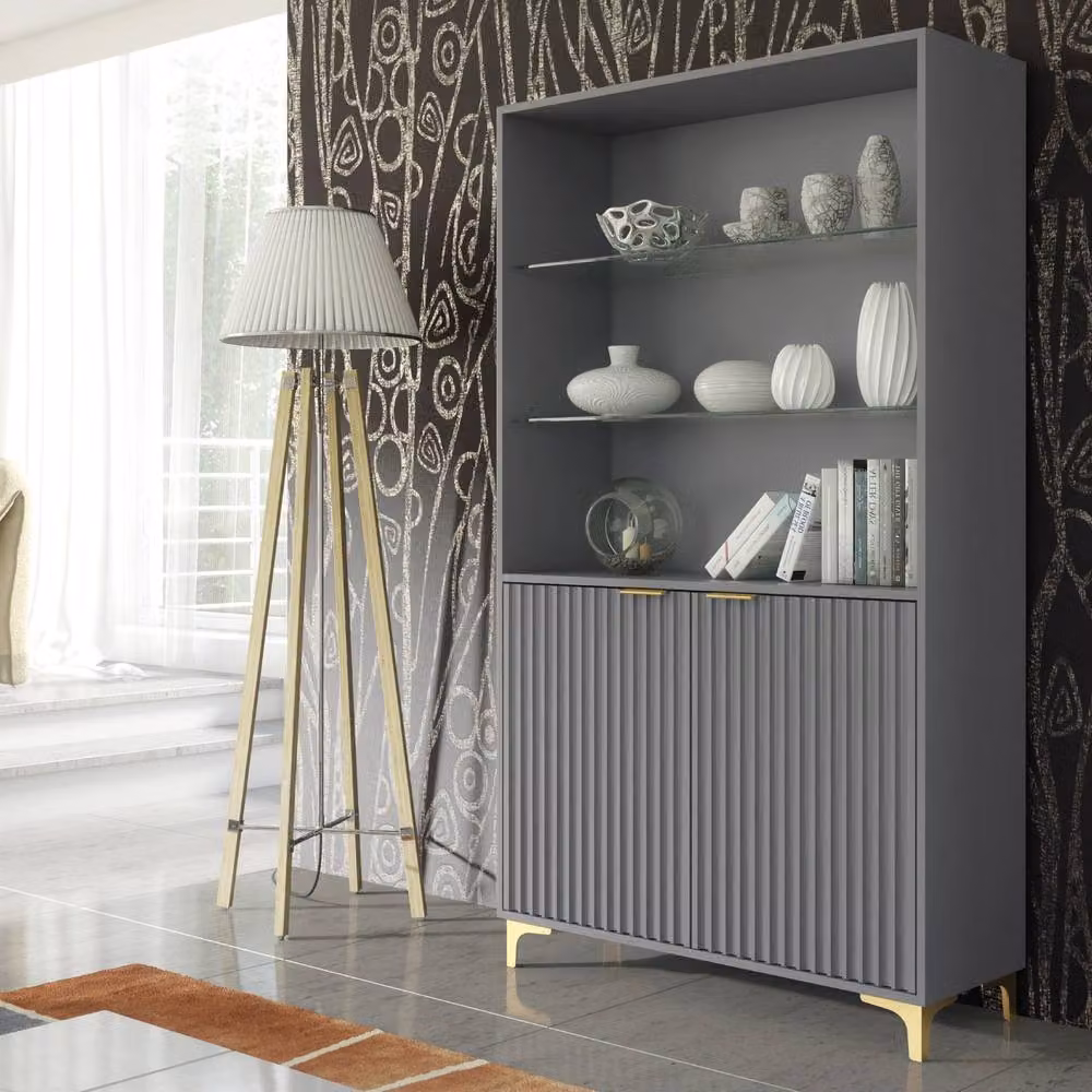 Creative Furniture Tide Crest Display Cabinet in Dark Grey with Fluted Glass Doors, Height: 175 cm – 3
