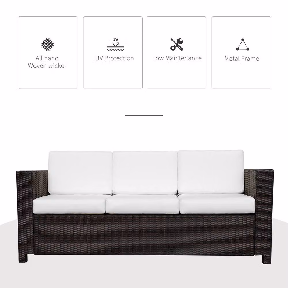 ERGOVEXA 3-Seater Brown Rattan Garden Sofa with Upholstered Cushions and Powder Coated Steel Frame – 6